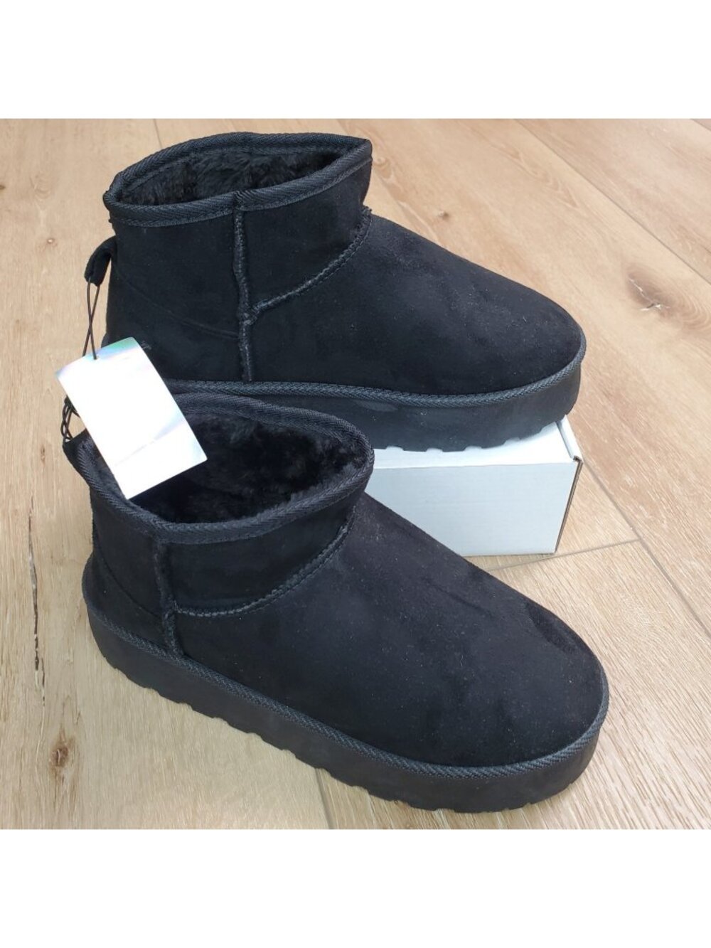Womens Suede Faux Fur Fuzzy Ankle Booties Black Sz 8 NEW Mini Platform Winter